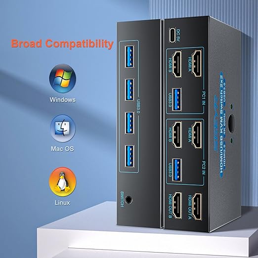 SGEYR HDMI KVM Switch Dual Monitors, 4K@60Hz KVM Switch 2 Monitors 2 Computers with 4 USB 3.0 Ports Share 2 Monitors and USB Devices, Support Wired Remote and Button Switch, Sharing Keyboard& Mouse