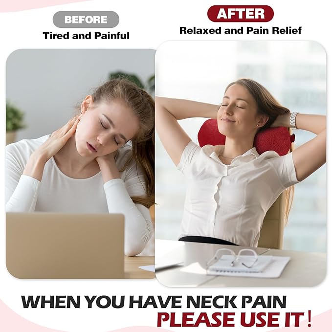Colingmill 1 Pc Neck Pillow for Recliner Headrest Pillow Bone Shaped Chair Plush with Adjustable Strap Neck Support and Pain Relief Curve Head Cushion for Car Travel Airplane (Red)
