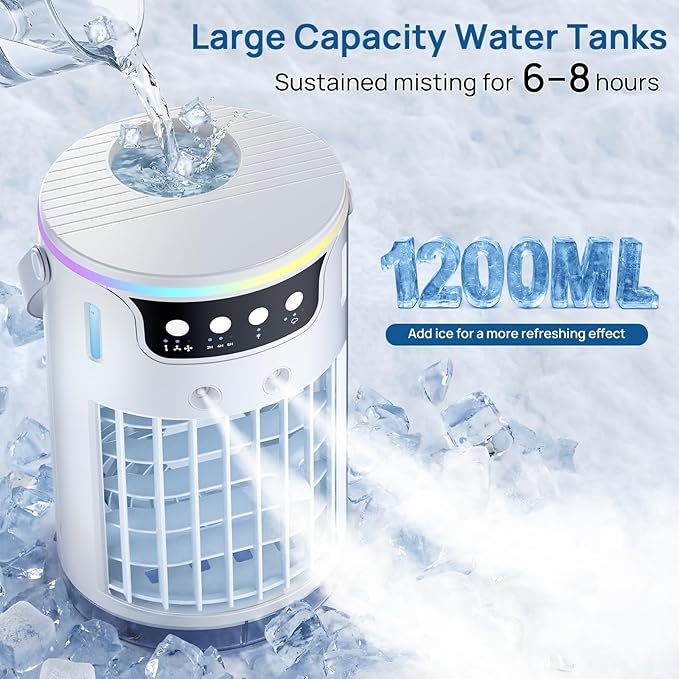 Portable Air Conditioners, AC Fan Mini Evaporative Air Cooler 1200ML with Ice Cooling Mist Personal Air Conditioner Quiet for Bedroom, Home Office Desk and Car Camping