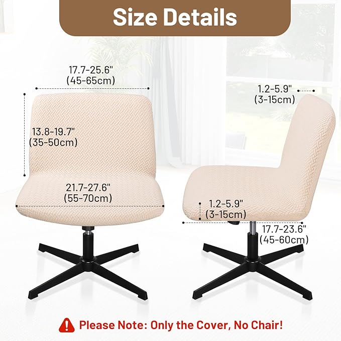 Armless Desk Chair Cover, 2pcs Beige Office Criss Cross Desk Vanity Slipper Computer Task Chair Cover, Jacquard Wide Seat Swivel Cross Legged Office Chair Slipcovers（Only Covers, No Chairs）