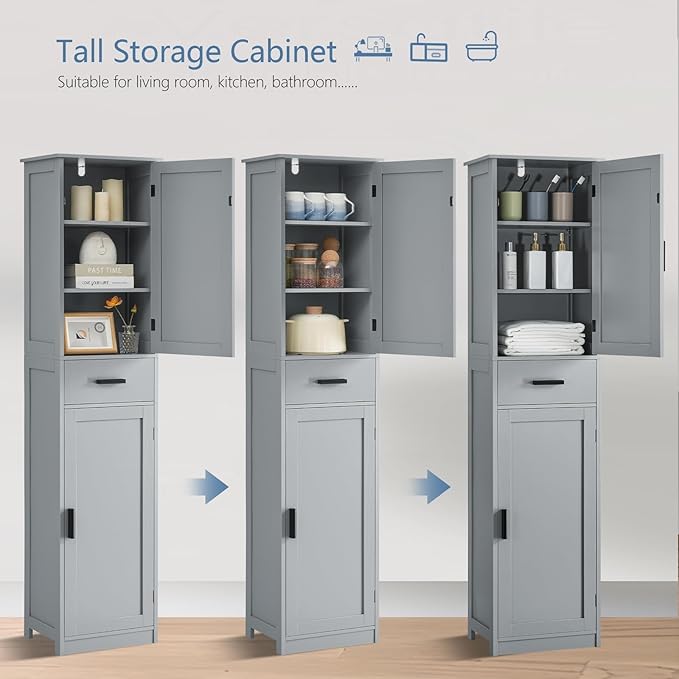 usikey 67“ Tall Bathroom Cabinet, Storage Cabinet with 4 Shelves & 2 Doors, Narrow Storage Cabinet for Bathroom, Living Room, Home Office, Greige UNSNG040G