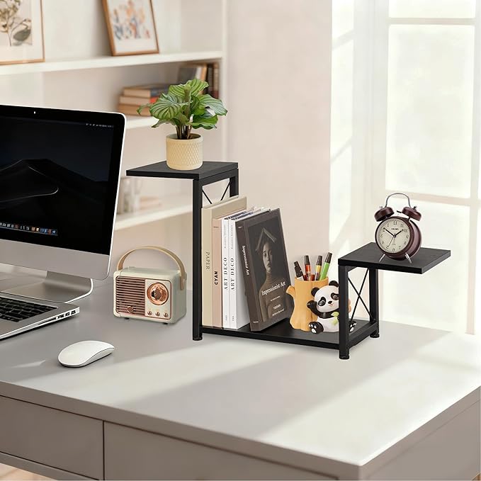 Desk Shelf Organizer, 3-Tier Wood Desk Bookshelf, Small Tabletop Book Shelf, Adjustable Display Rack for Office Decor and Desk Accessories,Rustic Black