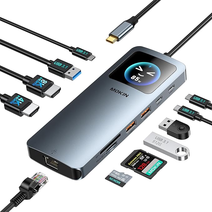 MOKiN LCD USB C Docking Station Dual Monitor, 12 in 1 Laptop Docking Station Dual HDMI with 8K@30Hz, PD 100W, 2500Mbps, 5 * 10Gbps USBA/C 3.1, SD/microSD Card Reader, USB C Adapter for HP/Dell/Lenovo