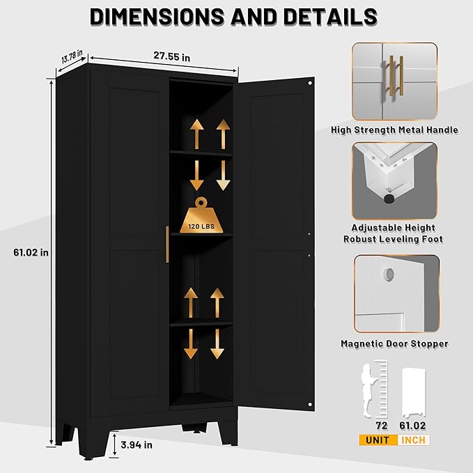 PAOFIN 61" Balck Metal Kitchen Storage Cabinet, Kitchen Pantry Storage Cabinet with Doors and Shelves, Storage Cabinet with Adjustable Leveling Foot for Kitchen, Living Room and Dining Room
