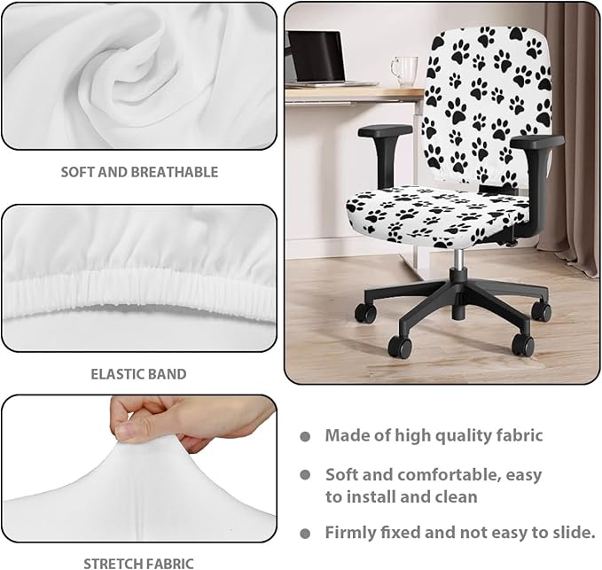 GLENLCWE Black Dog Paw Print Computer Chair Covers Set of 2 Stretchable Cloth Office Chair Covers Universal Desk Rotating Chairs Slipcover for Puppy’s Lover