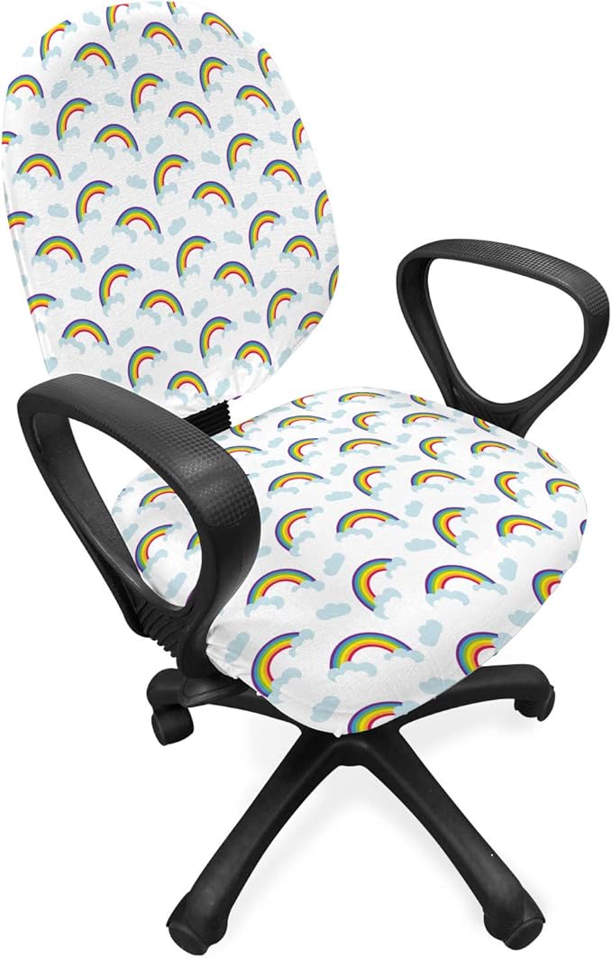 Ambesonne Rainbow Office Chair Slipcover, Rainbows Over Clouds Dreamy Sky Creative Joyful Playroom, Protective Stretch Decorative Fabric Cover, Standard Size, Blue Red Yellow