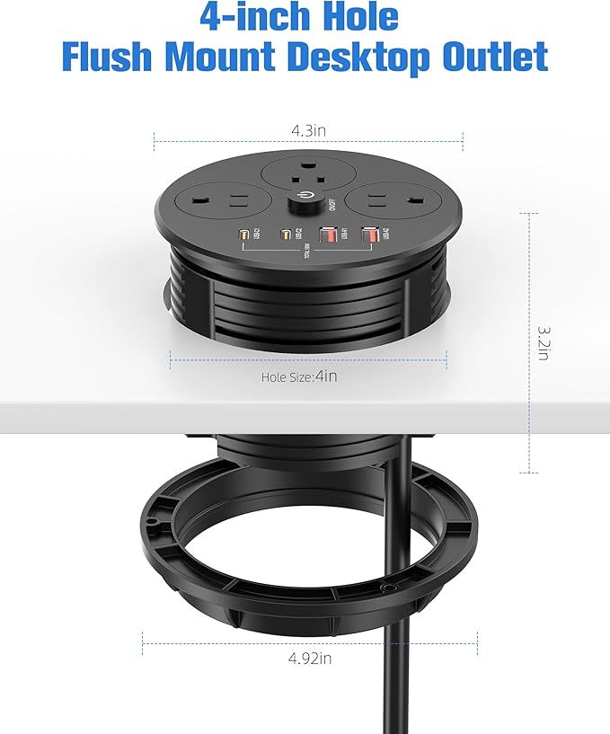 Desktop Power Grommet with 100W USB C, Double-Side Recessed Charging Station Plug in 5AC Outlets & 4 USB Ports, 4-Inch Hole Furniture Flush Mount for Countertop Black