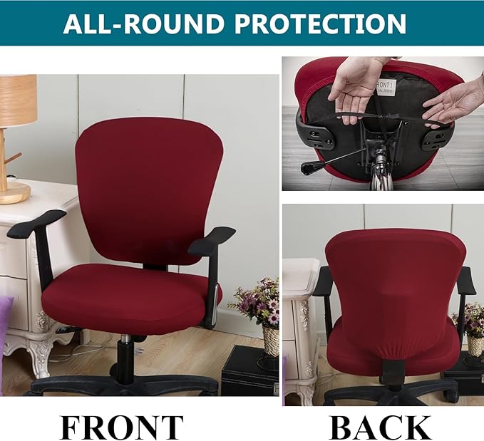 Office Computer Chair Cover Stretch Universal Jacquard Seat Slipcover 2 Piece for Desk Rotating Armless Chair, Removable Washable Anti-dust Chair (Wine)