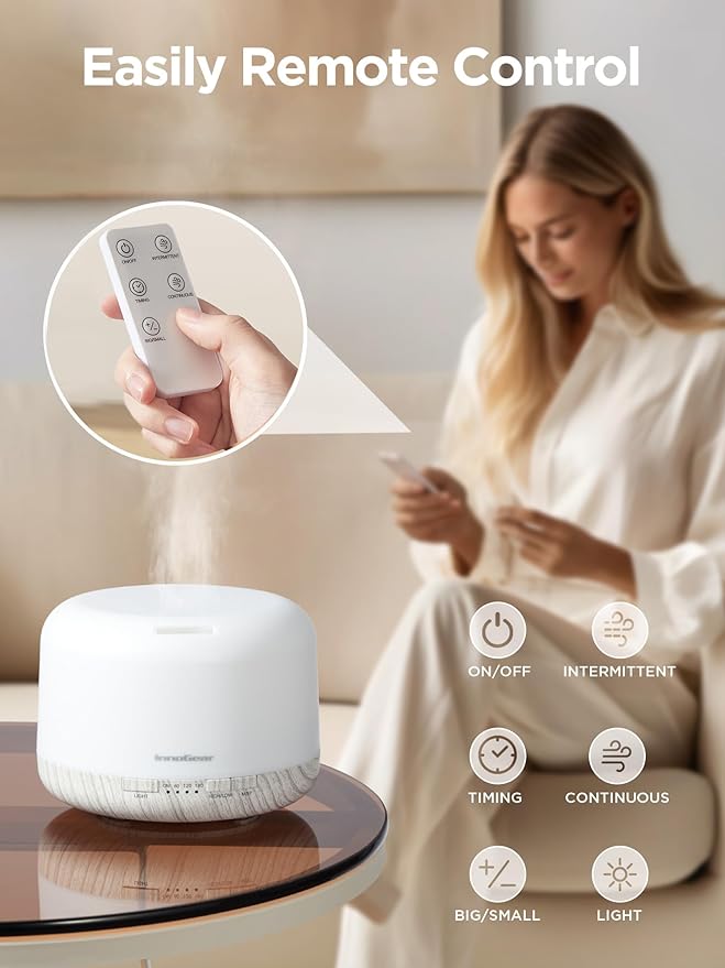 InnoGear 500ml Essential Oil Diffuser with Remote Control, Premium Ultrasonic Aromatherapy Diffusers Mother's Gift Scent Humidifier Vaporizer Auto-Off Timer for Large Room Home, White