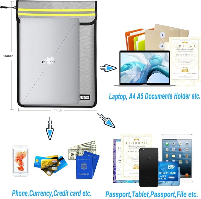 Fireproof Waterproof Money Document Bag - 15"x 11" Safe Zipper Bags with Reflective Strip, Fire & Water Proof Storage Organizer Pouch for Important Documents Holder,File,Cash,Passport,Tablet (Gray)