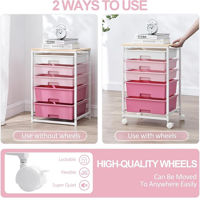 SYKIARIOL Utility Cart with 5 Drawers,Storage Drawer Cart with Wooden Tabletop and Lockable Wheels,Craft Storage Trolley Cart,5-Tier Rolling Utility Cart on Wheels,Rose Pink