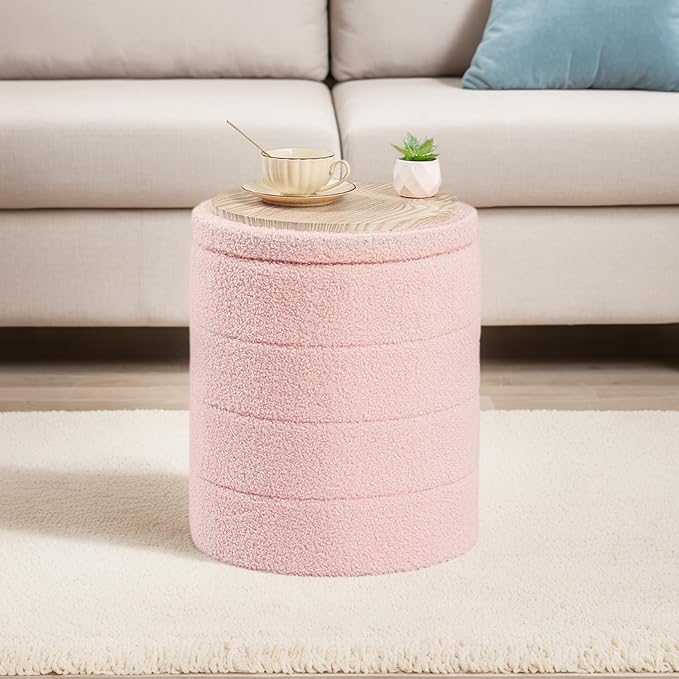 Round Boucle Storage Ottoman, Sherpa Teddy Fabric Ottoman Footstool with Reversible Tray Lid, Folding Footrest with Storage for Living Room, Bedroom, Dorm, Pink, 14.6" x 14.6" x 17.7"