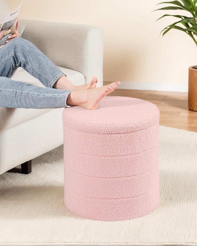 18" Tall Round Boucle Storage Ottoman, Sherpa Teddy Fabric Ottoman Footstool with Wooden Tray Reversible Lid, Folding Footrest with Storage for Living Room, Bedroom, Dorm, Pink