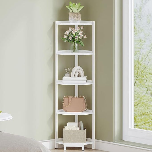 Hzuaneri Corner Shelf Stand, Corner Bookshelf, Storage Standing Shelf Unit with Metal Frame, Plant Stand, Bookcase for Living Room, Home Office, Bedroom, 5-Tier White CS05913W