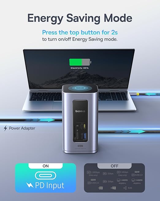 Baseus Nomos Air 12 in 1 Docking Station, Dual Monitor Laptop Docking Station for Windows, 2 Monitor 4K HDMI, 10Gbps USB-C/A, PD 100W, USB C Docking Station Compatible for Laptop HP/Lenovo/Dell/Acer