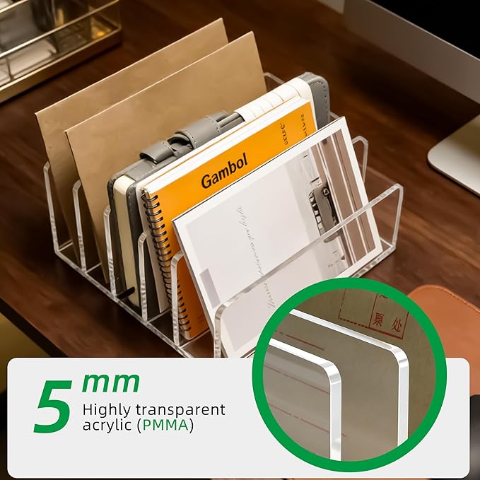 Clear Acrylic Desk Organizer – 5 Compartment Mail Holder & Letter Sorter for Office, Bills, Documents, Notebooks – Modern Vertical File Rack for Home