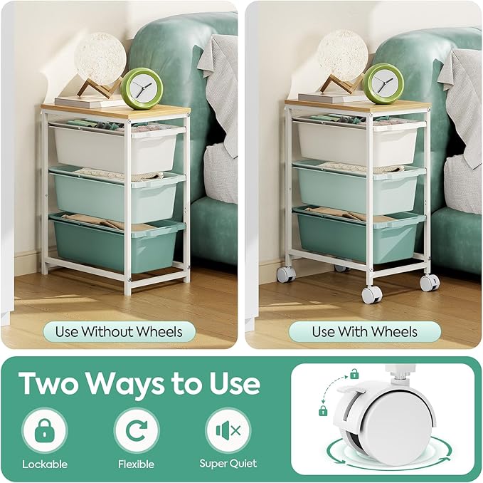 Rolling Storage Cart with 4 Drawers, Craft Organizer, Wooden Tabletop Utility Cart for Bedroom, Children's Room and Office Organization, Table Side Trolley with Lockable Wheels, Green