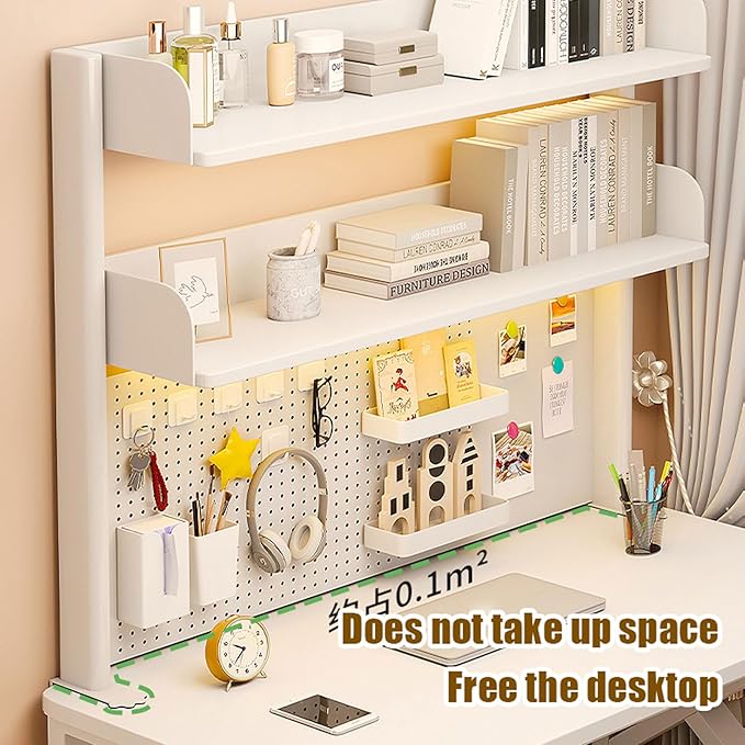 Clamp On Desk Extension Shelving Unit for Table Accessories Adjustable Clip On Storage Tray with Perforated Board and Hooks for Desk Organizer, L31.4in, H 38cm/14.9in