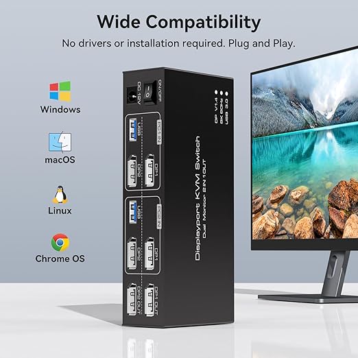 4K@120Hz KVM Switch 2 Monitors 2 Computers 8K@60Hz Displayport KVM Switch Share Dual Monitor and 4 USB Devices Support Extended/Copy Mode with USB 3.0 Cables and Extended Controller