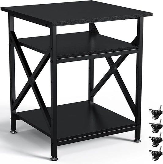 3 Tier Printer Stand, Large Table with Wheels, Rolling Cart with Height Adjustable Middle Storage Shelf, 23.6 x 23.6 x 30.3 Inches Shelf for Home Office, Black