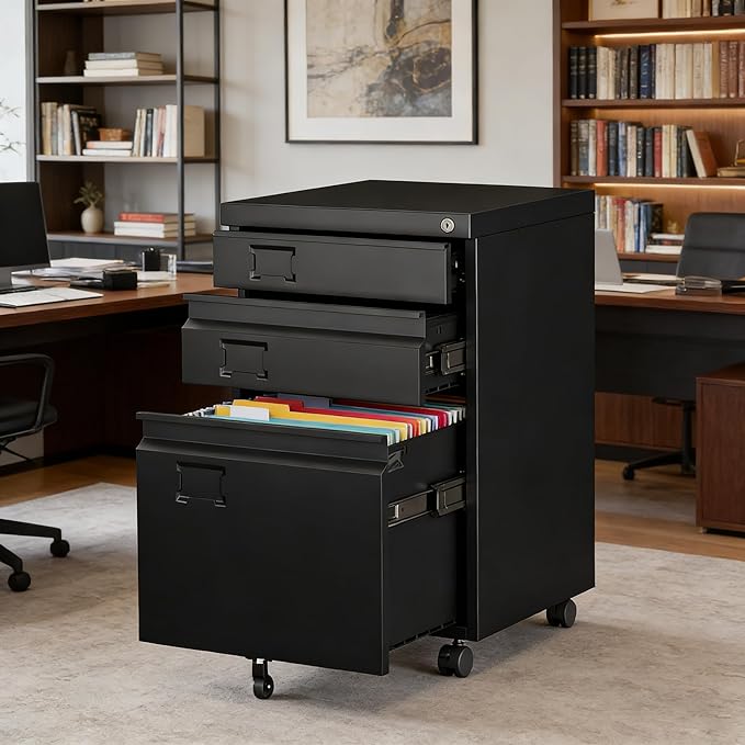 SUXXAN 3 Drawer File Cabinet with Lock, Heavy Duty Metal Mobile Filing Cabinet for Home Office, Under Desk Storage Organizer with Name Holder, Fits Legal/Letter/A4 Size, Assembly Required