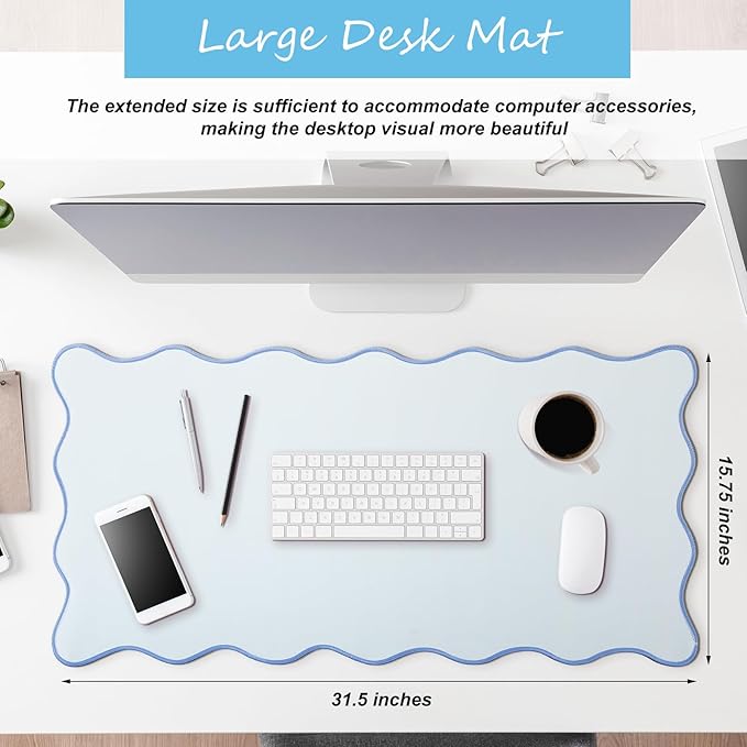 Hahafelt Scalloped Desk Mat Large Scalloped Piping Cute Desk Mat Aesthetic Preppy Table Pad Large Nonslip Pad with Edge Stitching Waterproof Gaming(Blue,31.5 x 15.8 Inches)