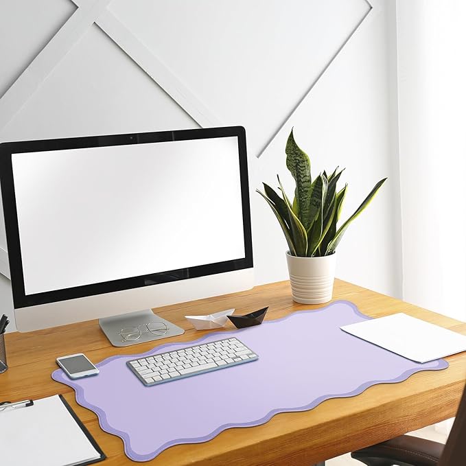 Hahafelt Scalloped Desk Mat Large Scalloped Piping Cute Desk Mat Aesthetic Preppy Table Pad Large Nonslip Pad with Edge Stitching Waterproof Gaming(Purple,31.5 x 15.8 Inches)