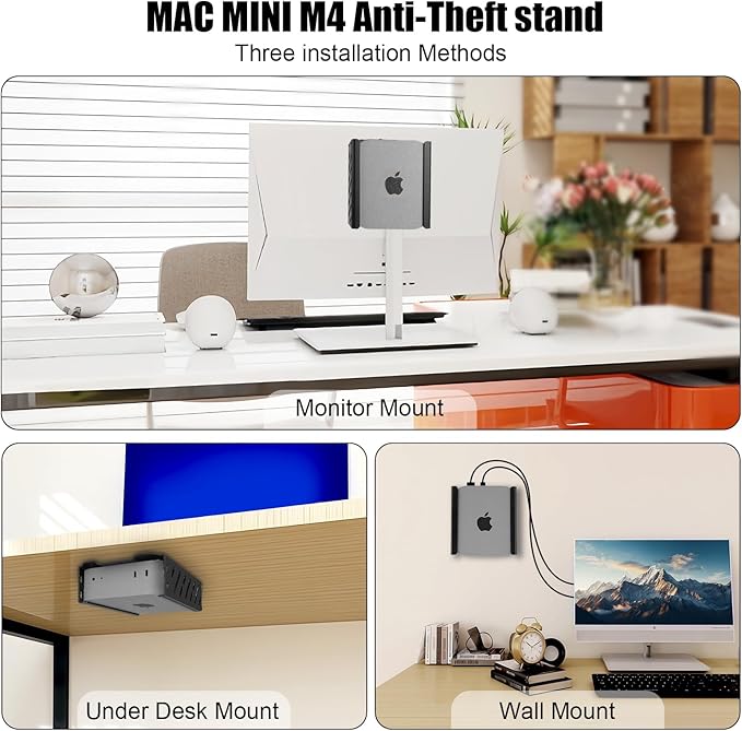 Metal Mac mini PC Mount Compatible with 2024 Mac mini M4/M4 Pro Stand VESA Mount with Anti-Theft,Under Desk Mount and Wall Mount with Lock Anti-Theft Dock