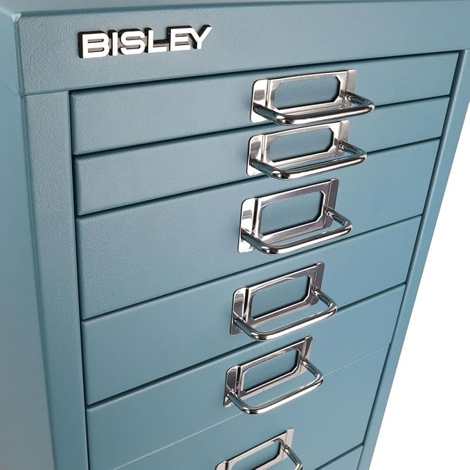Bisley 8-Drawer Steel MultiDrawer Cabinet - Doulton Blue, Chrome Pull Handles with Label Holders, Powder-Coated Steel, Removable Drawers, Fits Under Most Desks, Labels Included