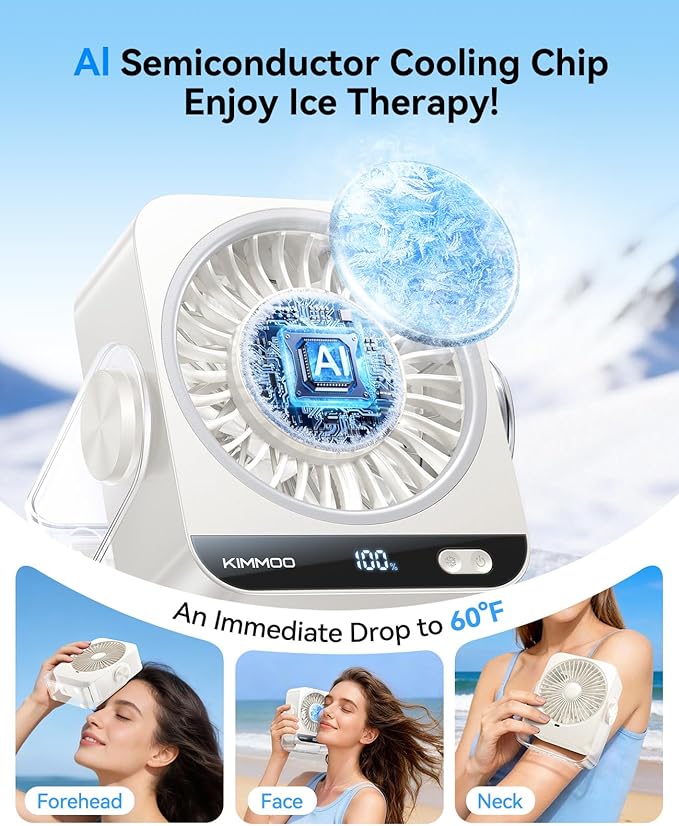 KIMMOO USB Desk Fan for Bedroom, 199 Speeds Turbo Airflow, Portable Fan with Ice Cooling, Digital Display Quiet Table Fan, 270° Rotating Small Rechargeable Battery Desktop Fans for Home Office (White)