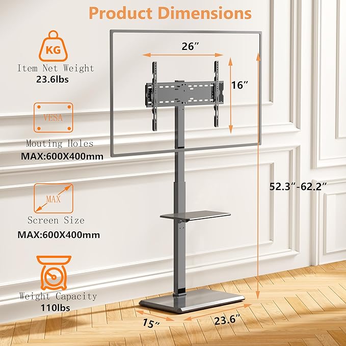 Afaloona Universal Floor TV Stand,TV Floor Mount Stand with Removable Shelf for 32-75 inch TV up to 110 lbs, Swivel and Height Adjustable Tall TV Stand for Bedroom,Office(TCP01-2-M-A02)