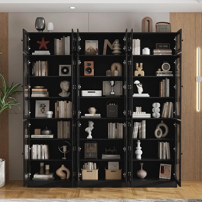 VOWNER 85.5“ H Bookcase with Doors, Wooden Bookshelves and Bookcases for Home Office, Pantry Cabinet with Doors and Shelves, 7-Tier Laundry Room Cabinets, Storage Cabinets for Dining Room (Black)