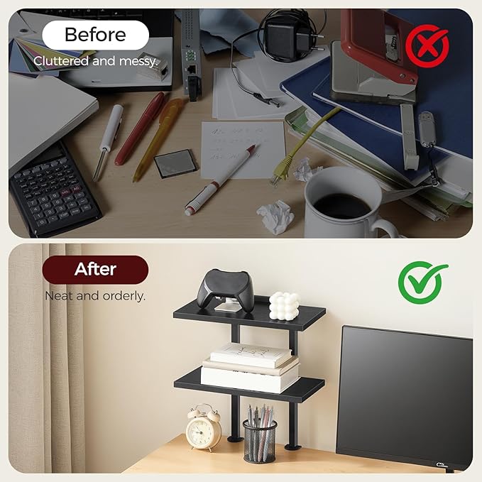 MAHANCRIS Clamp On Desk Organizer, 2-Tier Desktop Bookshelf, Adjustable Desk Storage Shelf, Metal Frame, for Office, Study and Game Room, Black DSBK3501 (Pack of 2)