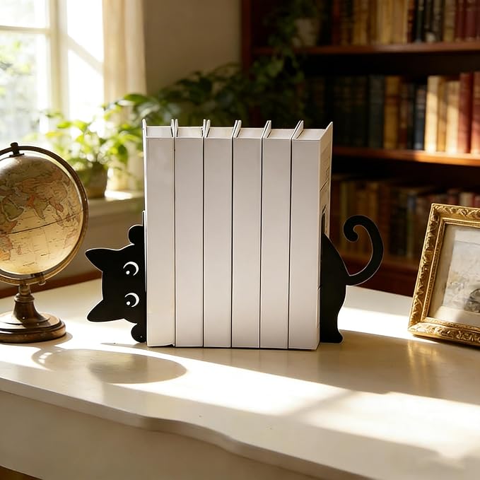 Peekaboo Cat Bookends for Shelves, Cute Black Metal Decorative Book Ends, Heavy Duty Rustproof Book Stoppers for Home Office & Study Desk, Ideal Gift for Cat Lovers & Book Lovers