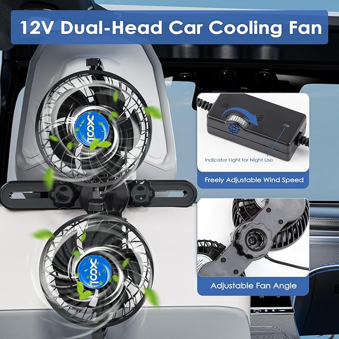 XOOL Electric Car Fans for Rear Seat Passenger Portable Fans Headrest 360 Degree Rotatable Backseat Car Fan 12V Cooling Air Fan with Stepless Speed Regulation for Vehicles, SUV, RV