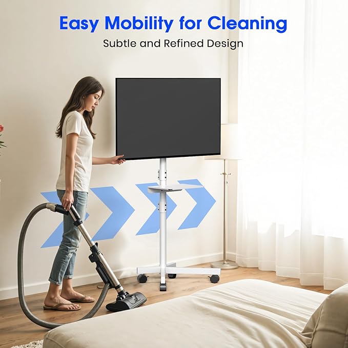 Mobile TV Stand for 23-60 Inch LCD LED OLED Flat Panel Curved Screen TVs up to 88 lbs, Tilt and Height Adjustable, Locking Rolling Wheels TV Cart with Shelf, Max VESA 400x400mm, White