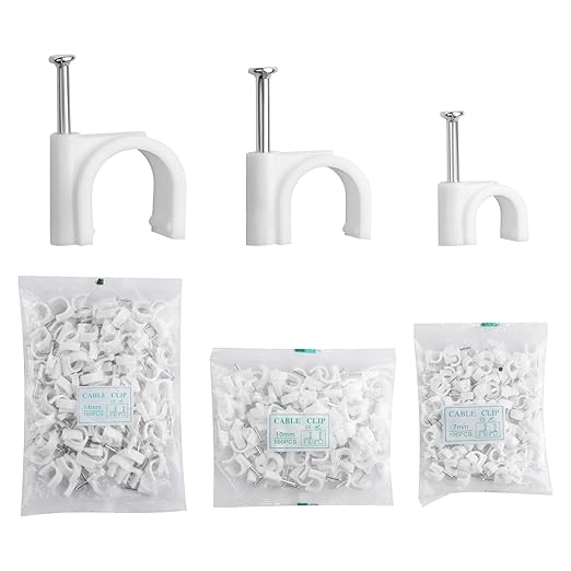 SinLoon 300pcs Cable Clips with Steel Nails 7mm 10mm 14mm Wire Holders Durable, UV Resistant Plastic Clips Help Organize Coax, Ethernet and Other Cords(Circular)
