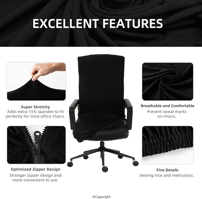 Water Resistant Stretch Computer Office Chair Cover with Durable Zipper Universal Washable Removable Spandex Rotating Boss Chair Slipcovers Anti-dust Soft Desk Chair Seat Protector for Dogs Cats Pets
