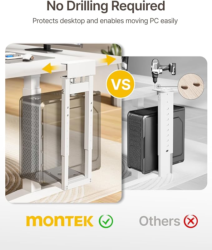 monTEK 66 LBS Heavy-Duty Ventilated Under Desk PC Mount, Adjustable No-Drill PC Mount with Protective Pads,16.1"-25.6" H, Ideal for Office Home Classroom, White