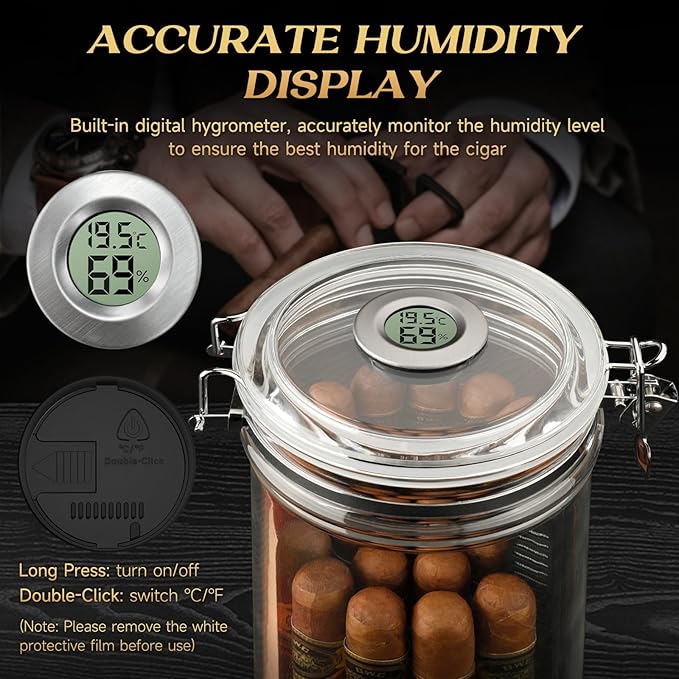 XIFEI Acrylic Humidor Jar with Digital Hygrometer, Tall Design Storage Case Fits Long Cigar, Humidifier & Spanish Cedar Wood Veneer, Portable Travel Humidor for 15-20 Cigars