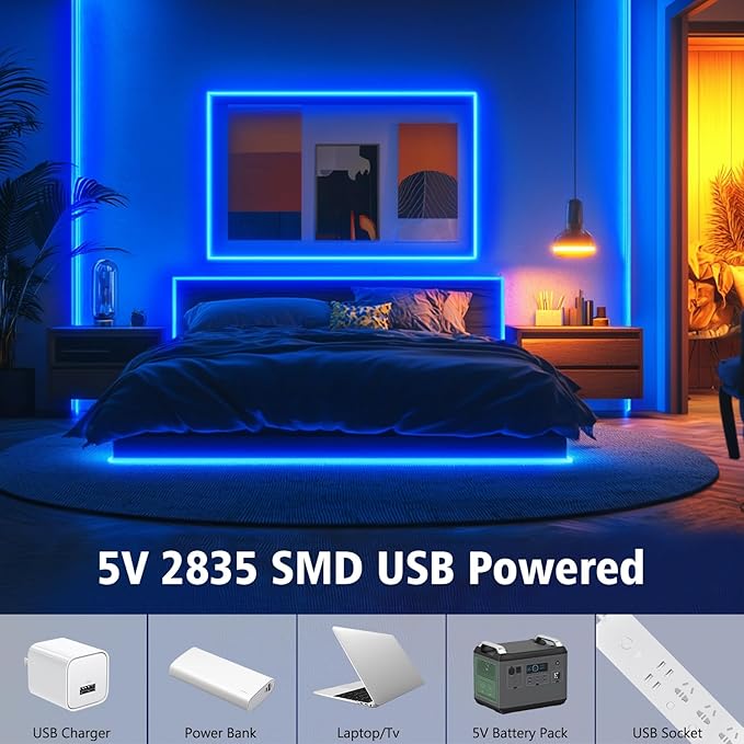 echosari Strip Lights USB 5V, 9.8Ft 180 LED Strip Lights Cuttable 2835 SMD Super Bright with Self-Adhesive DIY for Cabinet Photo Frames Desks Monitor Shelves Decor (Blue)