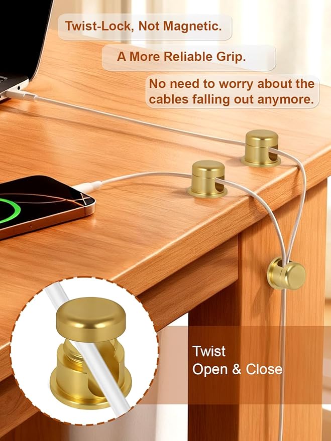 Wider Base Strong Adhesive Desk Cord Holder 3 Pack, Aluminum Gold Screw-top Cord Holder for Nightstand, Cable Holder Desk Organizer for Phone Charger, Cable Management Clips to Keep Cables Tidy