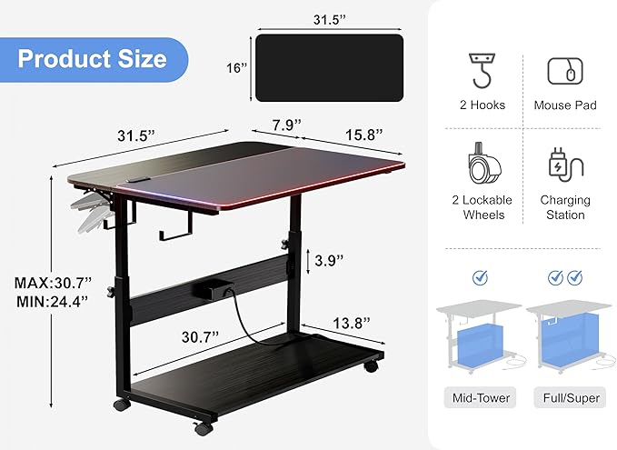 ZIFTY Large PC Tower Stand 31.5"L × 23.7"W, Adjustable Computer Stand CPU Holder Cart with Charging Station, Multi-Functional Folding Side Table for ATX Case Printer, Rolling Wheels for Home, Office