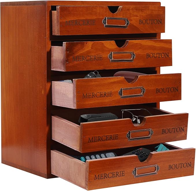 15-Drawer Wooden Desk Organizer Storage Box with Label Holders Vintage Wood Desktop Organizer, Desk Drawer Unit Collectors Box for Living Rooms, Bedrooms, Offices (Brown, 5PCS 15 Drawers)
