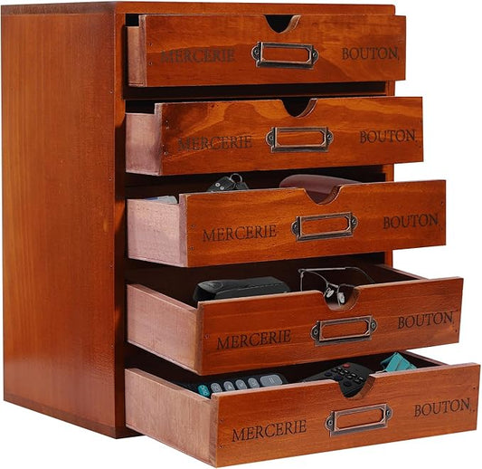 15-Drawer Wooden Desk Organizer Storage Box with Label Holders Vintage Wood Desktop Organizer, Desk Drawer Unit Collectors Box for Living Rooms, Bedrooms, Offices (Brown, 5PCS 15 Drawers)
