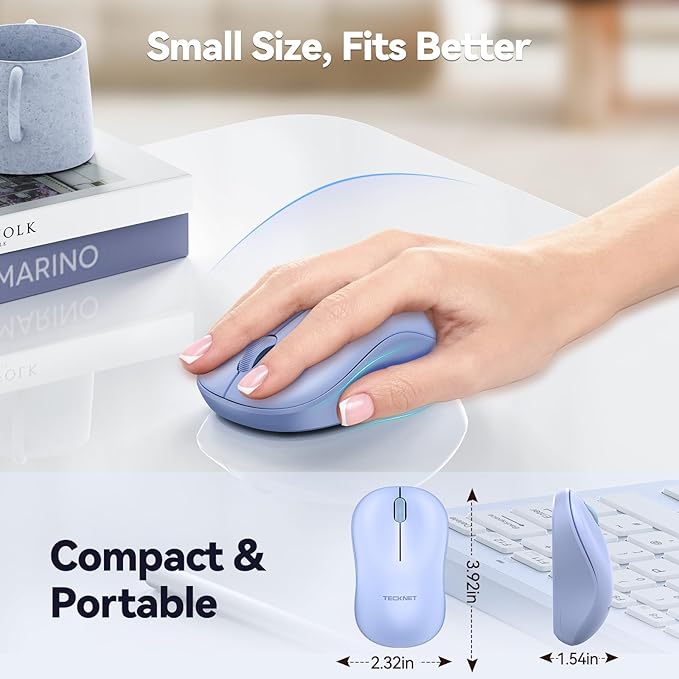 TECKNET Wireless Mouse for Laptop, 2.4G Silent Computer Mouse Quiet Click with 5 DPI Levels,Contoured Grip,Small Portable 30 Months Battery Cordless Mice for PC, Chromebook, Mac - Light Blue