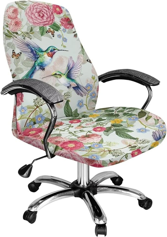 Talayituse Hummingbird Butterfly Flower Print Office Chair Covers, Stretch Computer Chair Cover, Universal Boss Chair Covers Modern Simplism Style High Back Chair Slipcover, L