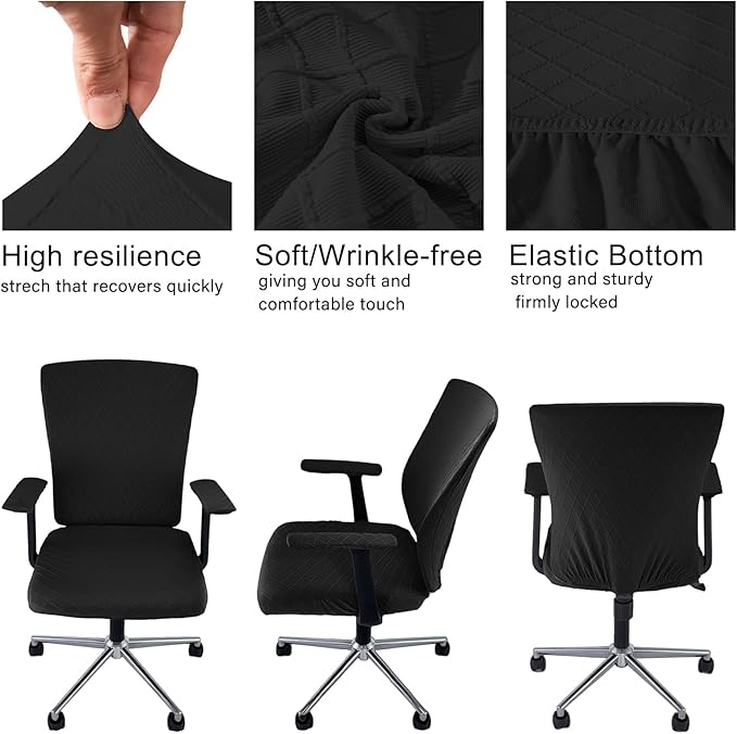 4 Pcs Office Chair Cover Set with 4 Extra Elastic Straps Universal Protective Office Chair Covers Stretchable Desk Chair Cover Office Armrest Cushion Backrest for Rotating Chair (Black)
