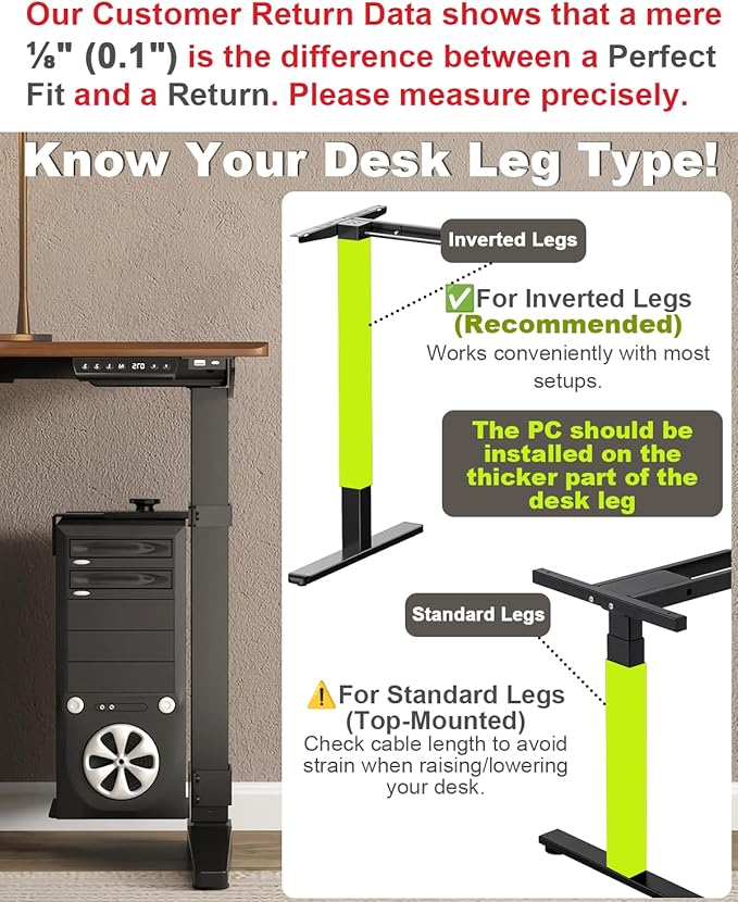 Under Desk PC Mount - No Drilling 40lb Capacity, Computer Holder Under Table, Adjustable Height and Width, Clamp-on Leg PC Mount for Standing Desks(Fits 65mm×45mm Legs only), with Non-Slip Pads, White