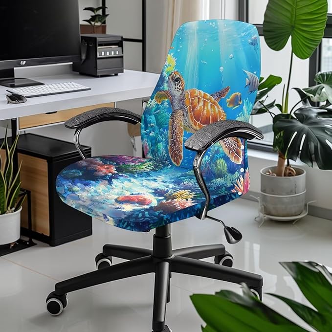 Talayituse Turtle Fish Water Plants Print Office Chair Covers, Stretch Computer Chair Cover, Universal Boss Chair Covers Modern Simplism Style High Back Chair Slipcover, Small
